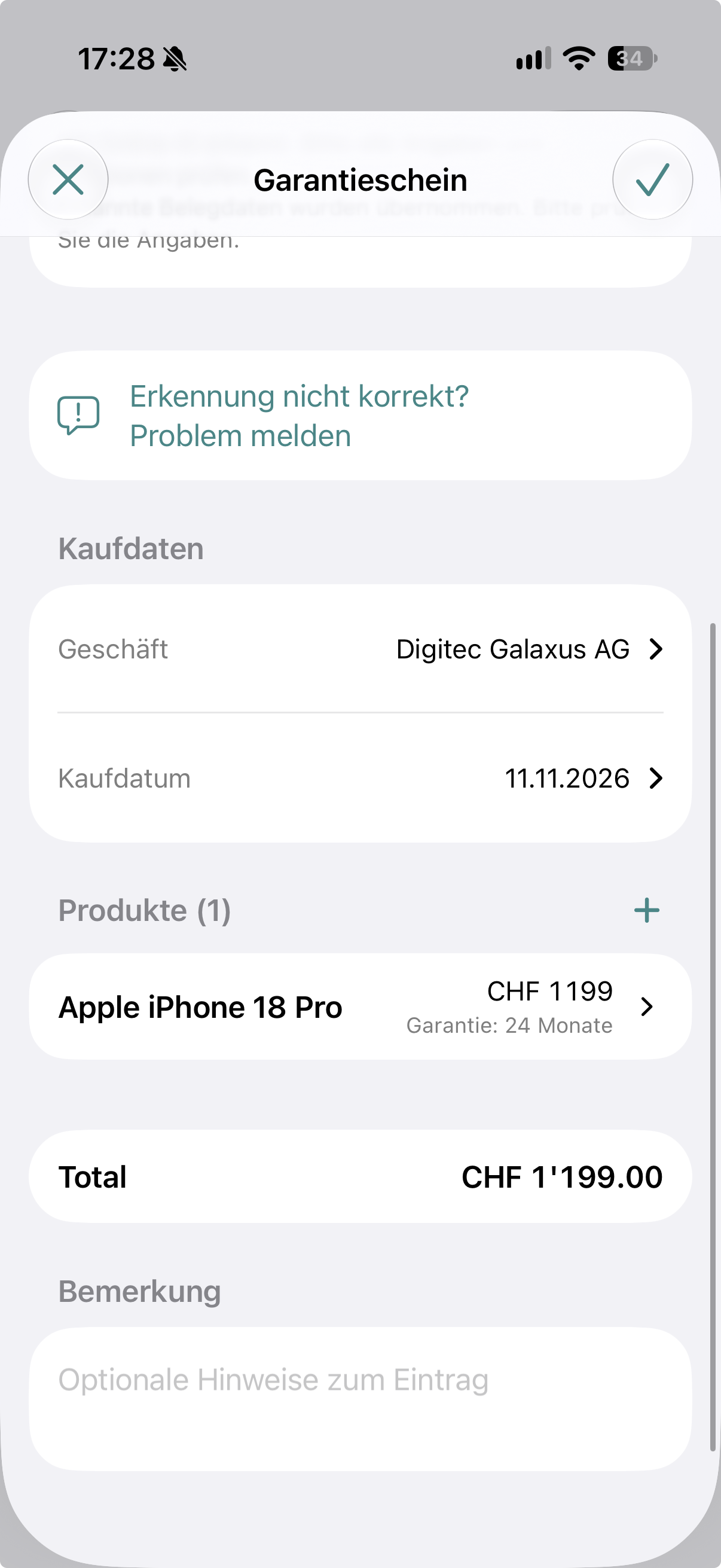 Erkannte Angaben prüfen